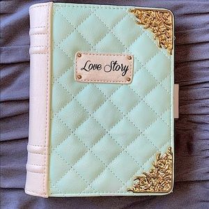 Aldo Mint and off white Love Story Book clutch